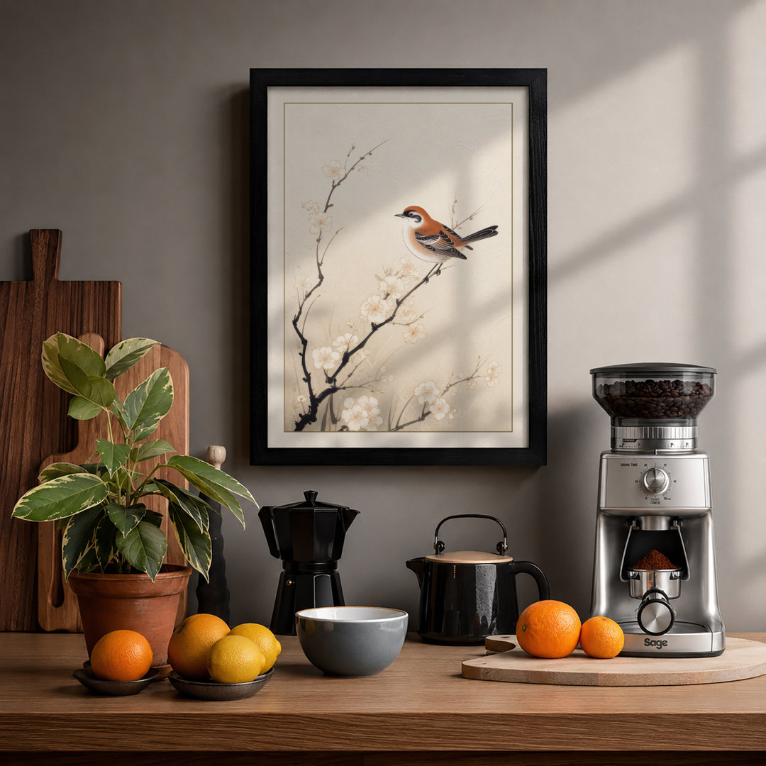 Bird on Blossoming Branch Japandi - Framed Print