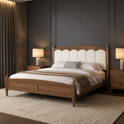 Queen Size Platform Bed Frame with Upholstered Headboard, Mid-Century Farmhouse Style Bed Frame for Bedroom, Sturdy Durable Construction