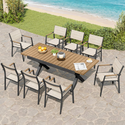 9-Piece Expandable Patio Dining Set, Never-Rust Aluminum Outdoor Dining Table Set for 8, Expandable Dining Table and Stackable Patio Chairs for Deck, Backyard, Garden, Indoor,Teak
