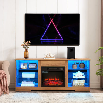 Meuble télé avec foyer électrique: console en chêne de 58 po de largeur, flamme 3D, lumières à DEL, charge, vaste espace de rangement pour foyer de télévision de 60 à 69 po, prise de recharge, compatible 62 po, finition chêne