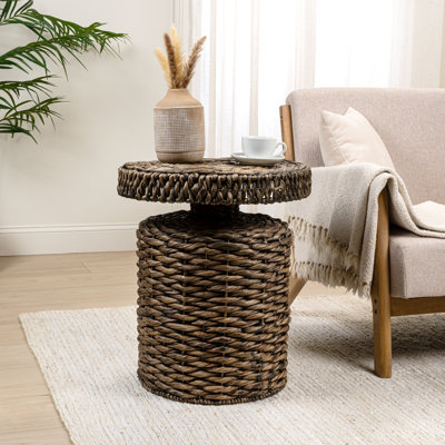 Marisol Bohemian 24" Brown Woven Water Hyacinth Round Accent Table, Wicker Rattan-Style Pedestal End Side Table for Living Room