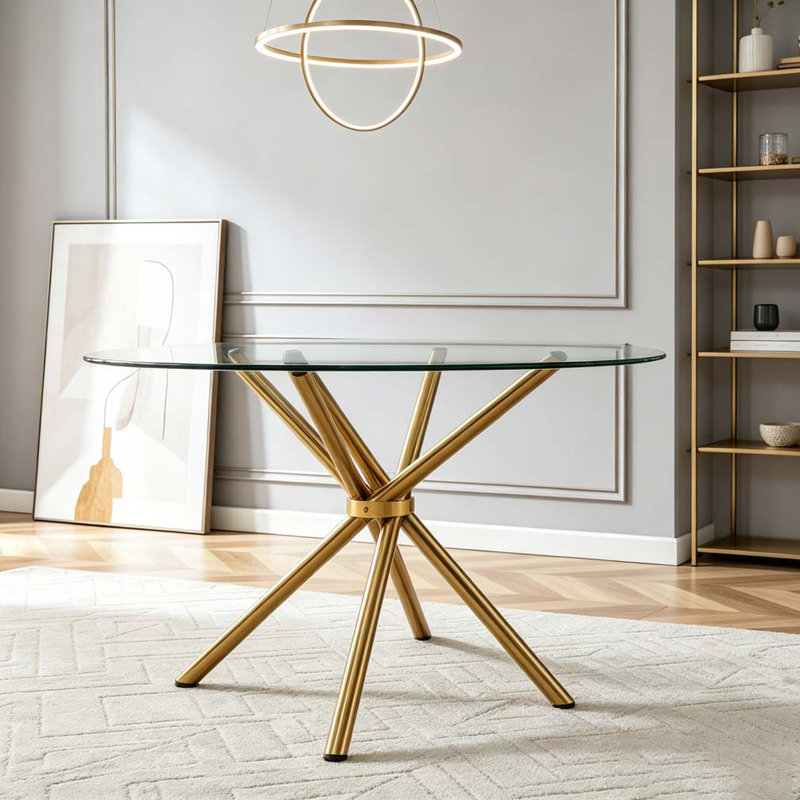 Round clear glass dining table, Gold