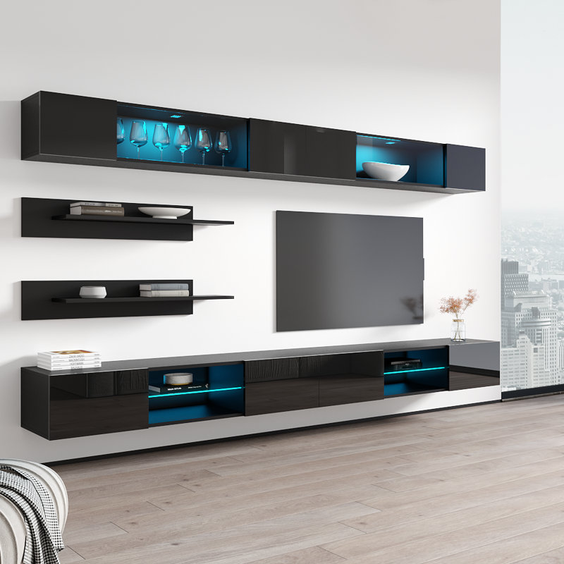 Lizotte 126" Modern Floating Wall Mounted Entertainment Center with 16-Color LED Lighting, High Gloss Finish, Black