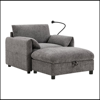 Canapé simple en chenille avec repose-pieds de rangement, support de téléphone réglable, chargeur USB, poches latérales et accoudoirs en forme d'oreiller pour le salon et l'appartement