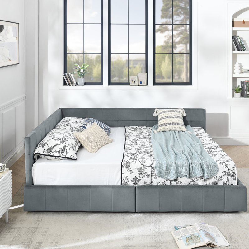  Structure de canapé-lit grand avec rangement et dossier avec accoudoirs, lit plateforme en velours, beige, Beige
