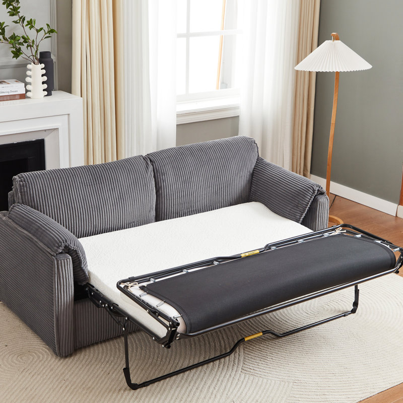 79.13-Inch Futon Sleeper Couch, Modern Pull Out Bed, Grey Corduroy, Metal Construction, For Living Room Style, 450 Pounds Max Load Sleeper, Comfy Base, Functional Use, Pound Capacity