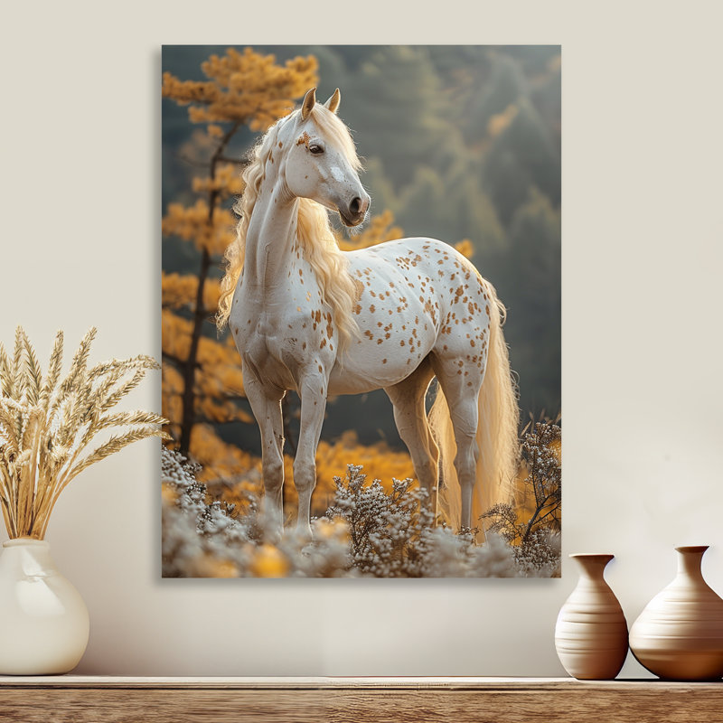 Majestic White Horse Autumn Forest Sunset - cheval, reproduction d'art murale, Sans cadre, métal, H 40 po x l 30 po