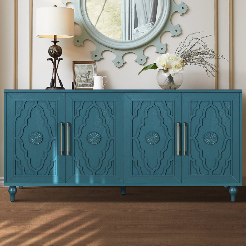 Grande armoire de rangement avec poignée pratique en métal et portes fleuries ornées - Console moderne bleu marine