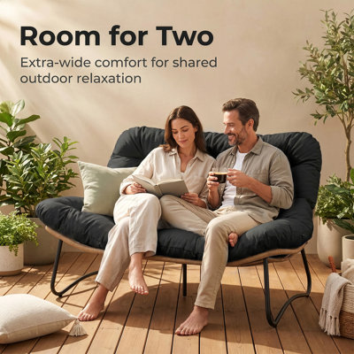 2-Person Patio Lounge Papasan Chair with Thick Cushion, Double Wicker Club Chair Loveseat