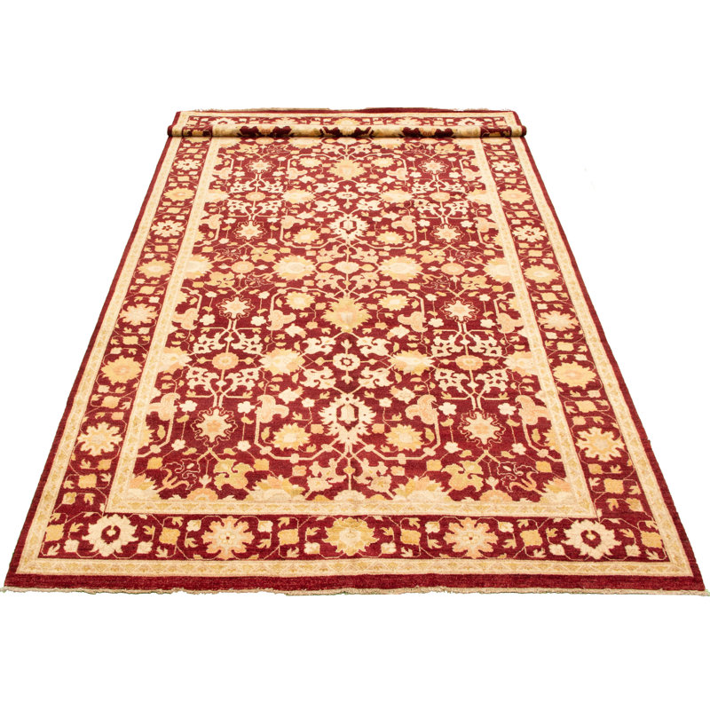 Tapis de couloir en laine noué à la main de conception unique 7 pi 1 po x 16 pi 6 po Deval Tapis décoratif en Bourgogne/beige