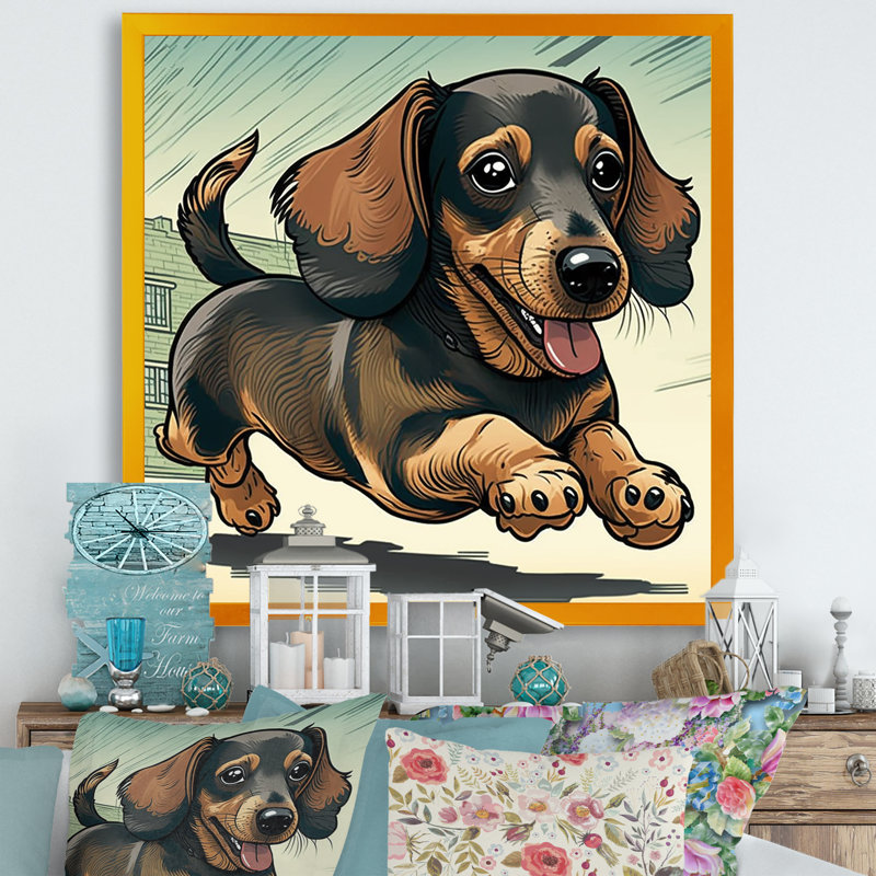 Caricature de teckel ludique - reproduction sur toile, L 16 po x H 16 po, Impression dorée sur toile encadrée