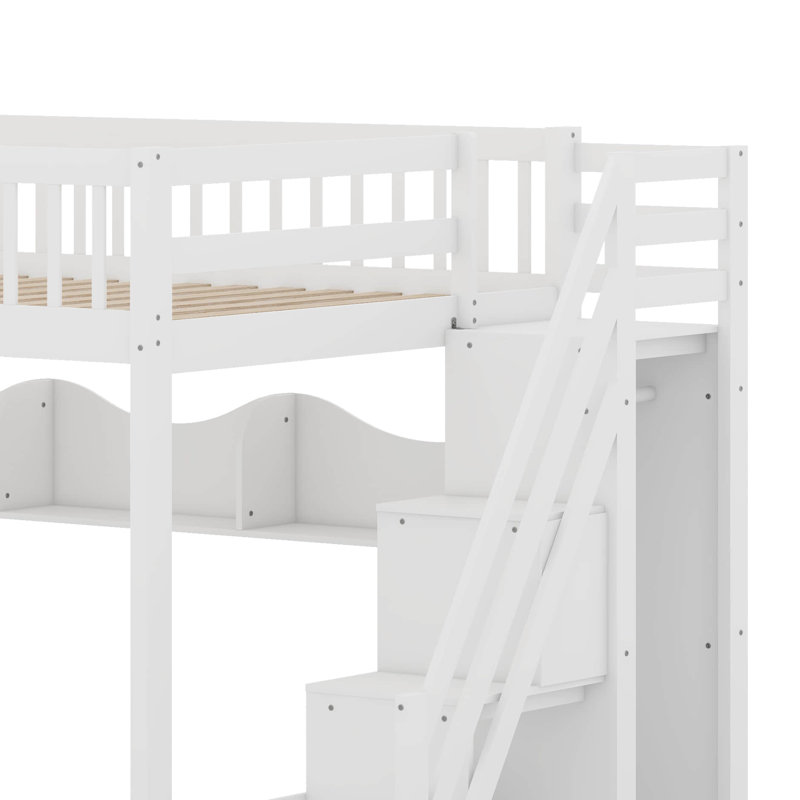 Queen Size Wooden Loft Bed With Staircase And Wardrobe,Storage Shelves And Under-Bed Space, White