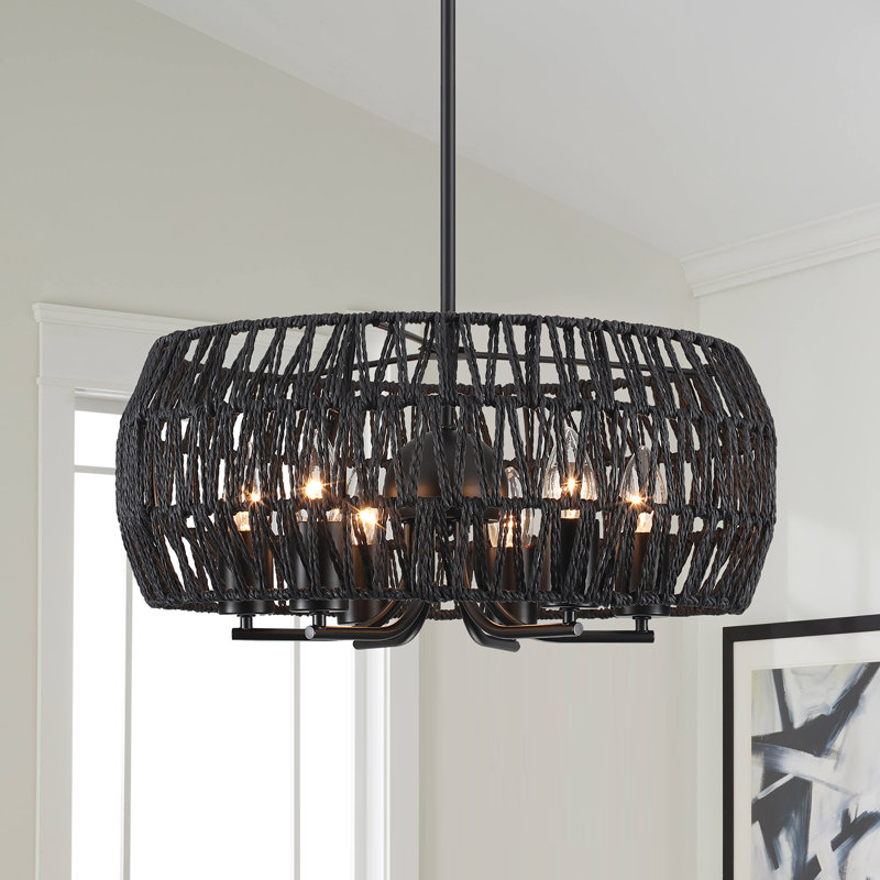 Lustre tambour en rotin 6 lumières Anela, Noir mat