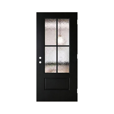 Panneau de porte d'entrée noir renforcé de fibres, 36 po x 80 po, ouverture à droite (intérieur/extérieur), verre trempé martelé pour plus d'intimité, sans chambranle