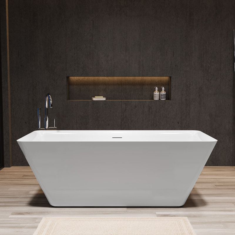 Baignoire de trempage autoportante en acrylique de 66 pouces avec trop-plein blanc brillant