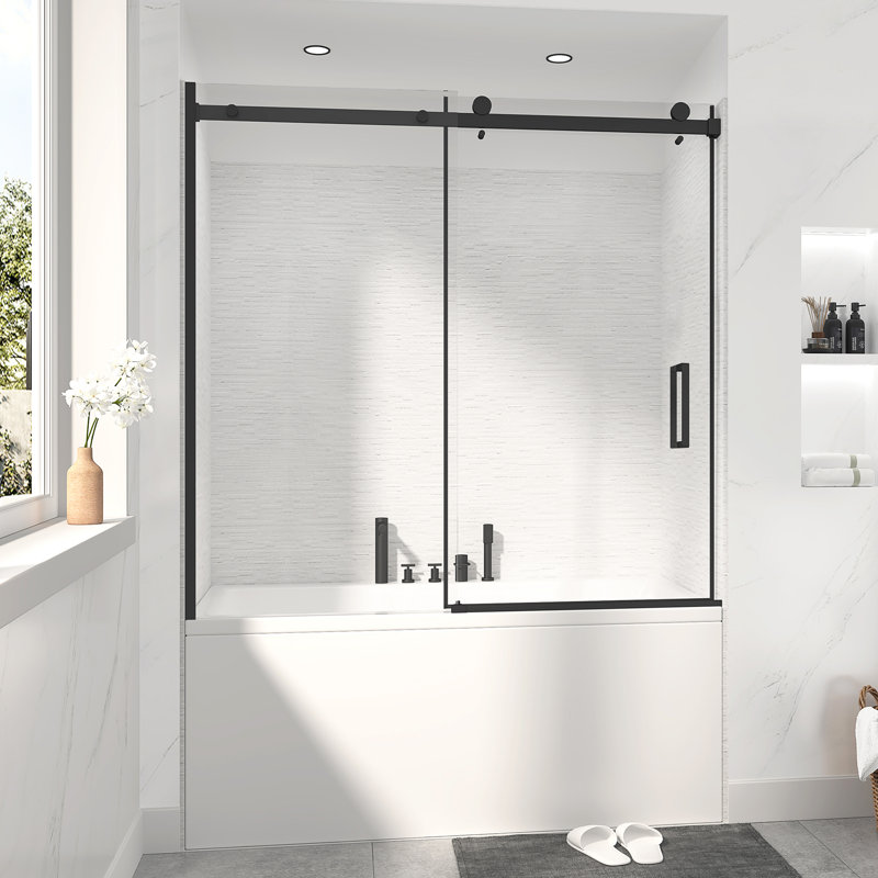 Porte de baignoire coulissante simple sans cadre à verre rapide de 3/8 po de l 56 po x H 60 po à assemblage rapide, Noir
