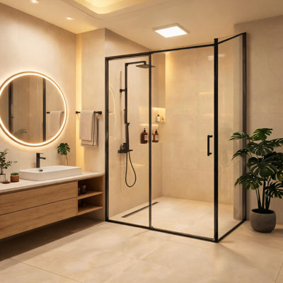 28 inch x 72 inch Matte Black Aluminum Universal Pivot Shower Door with 1/4 inch Tempered Glass and 1 3/8 inch Adjustment