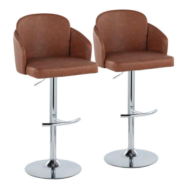 Dahlia Contemporary Adjustable Barstool In Chrome Metal And Faux Leather With Chrome Metal Accent And Round Metal Footrest By Lumisource - Set Of 2