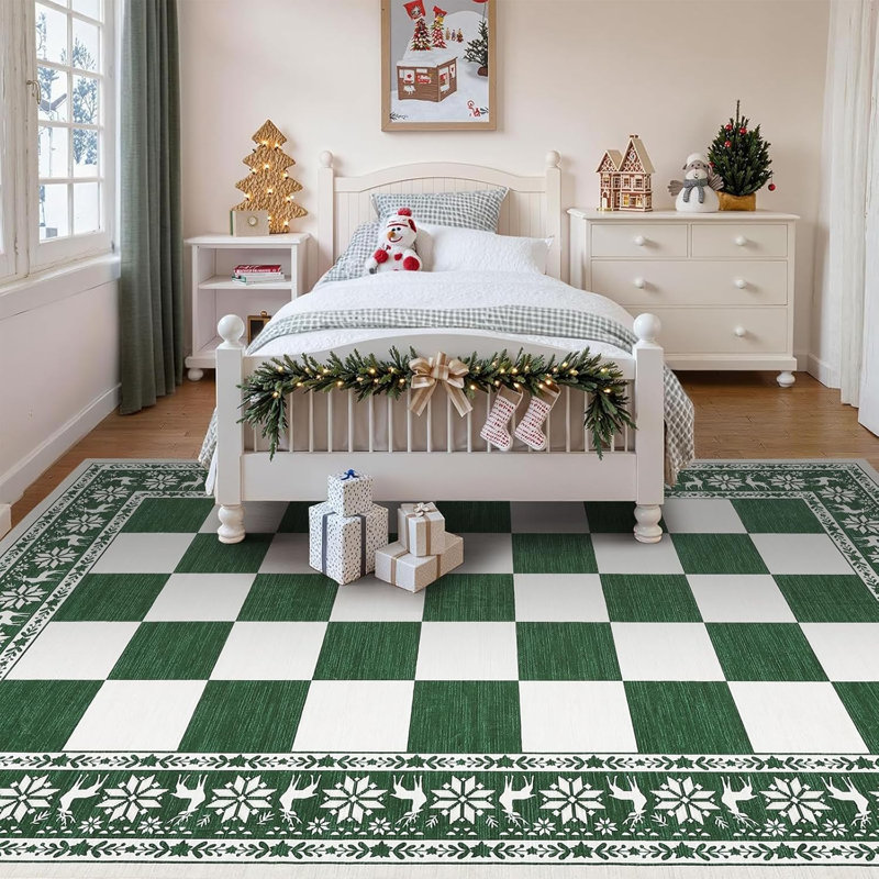 8x10 Checkered Christmas Area Rug, Washable Non Slip Low Pile Rug for Dining Room, Green, Rectangle 8' x 10', Green