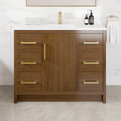 Meuble-lavabo l 42 po x P 18 po Ilsa avec comptoir en quartz blanc et gris Carrara et lavabo en porcelaine encastré
