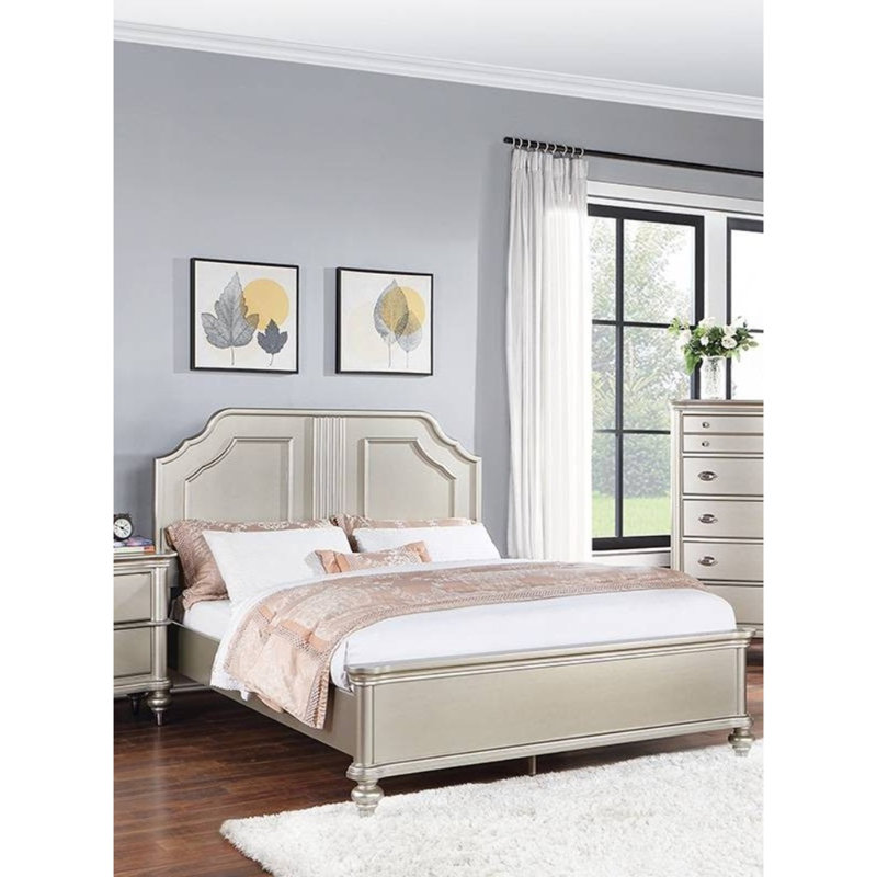 Mobilier de chambre à coucher avec lit à panneau à deux panneaux de style traditionnel et finition argentée, Grand lit