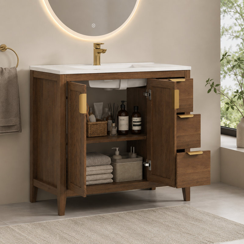 Meuble-lavabo brun 36 po avec plateau en composite Belser, 2 portes et 3 tiroirs Belser
