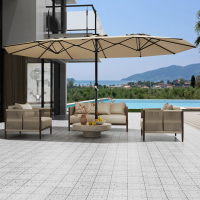 Parasol de patio double face 13 pi - Très grand abat-jour rectangulaire pour l'extérieur, 12 nervures en acier durable, polyester résistant à l'eau, résistant aux rayons UV et à la décoloration, manivelle facile pour le jardin, la pelouse, la cour - beige