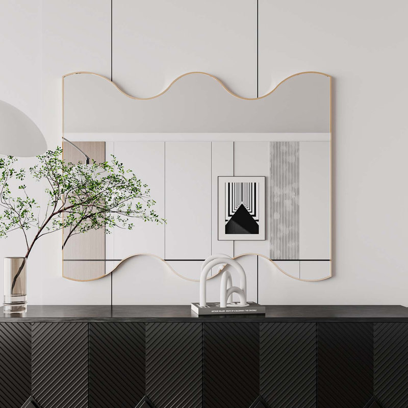 Miroir mural 30 po x 35 po, miroir rectangulaire doré avec 2 côtés ondulés, miroir de coiffeuse en métal, Doré
