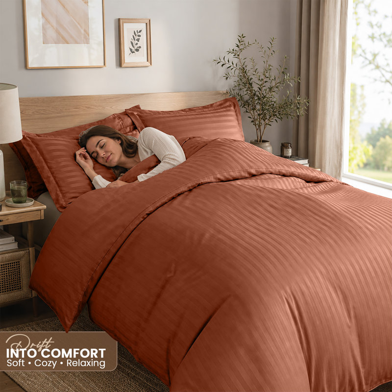 Imperial Homeware London Microfiber Striped Duvet Cover Set with Pillowcases Included, Rust