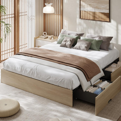 Queen Bed Frame with 2 Storage Drawers, Floor-Standing Low-Profile Bed Frame Without Headboard, Wood Slat Support, No Box Spring Needed, Easy Assembly, Minimalist Storage Bed