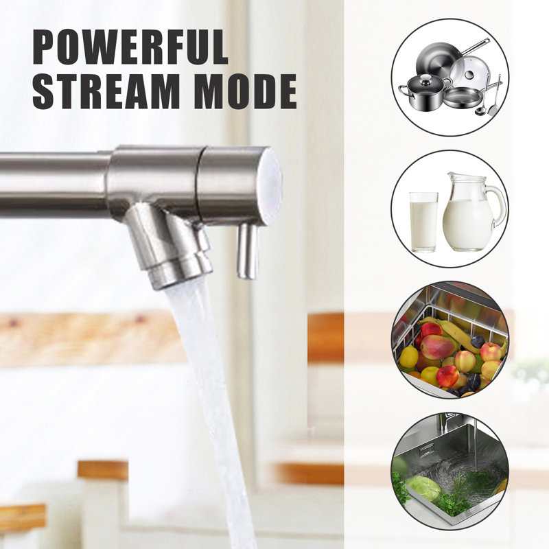 The Kitchen Faucet Features A Pull-Down Sprayer, Stainless Steel Single Handle, And A Spring Kitchen Faucet With A Sprayer.