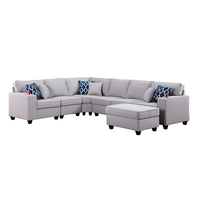 Canapé modulaire en lin gris réversible en L 7 pièces de 34,25 po x 26,5 po, H 17,75 po, porte-gobelets intégrés, 6 coussins décoratifs, siège de 17,75 po de hauteur, 23 po de profondeur, 24,25 po de hauteur de bras en lin, 125 po de largeur, profondeur