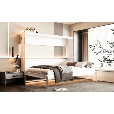 Grand lit blanc avec, imprimé, conduit sous, lit moderne, blanc, motif, prise de courant