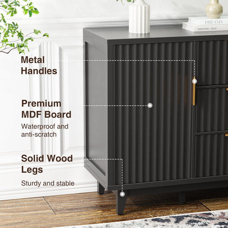 47.2" W Storage Cabinet With 3 Drawers, Black