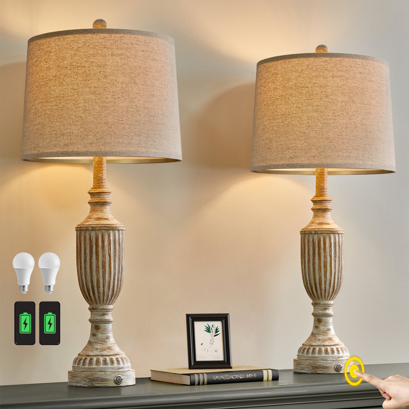 27.5＂ Rustic Resin Lamp with USB Port for Living Room Bedroom Retro Table Lamp with 2 Bulbs