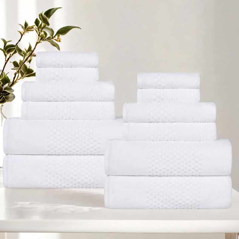 Playa Zero Twist Cotton Medium Weight Solid Waffle Textured Towel Set, 12 Pc Towel Set (4-Bath, 4-Hand, 4-Face), White