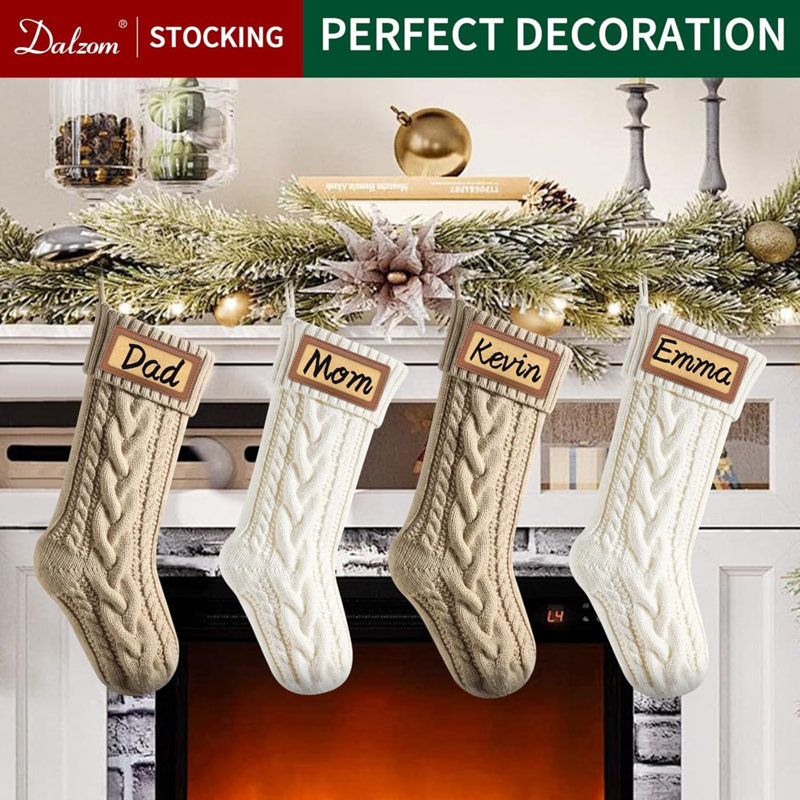 Dalzom® 4Pcs Personalized Christmas Stockings With Leather Patches Custom Name  18  Premium Large Knitted Christmas Stockings For Kids  Family  Holiday And Fireplace Party Decoration