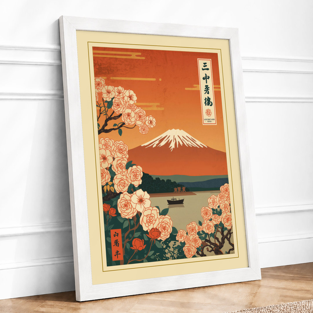 Mount Fuji with Peonies Japandi Framed Art Print