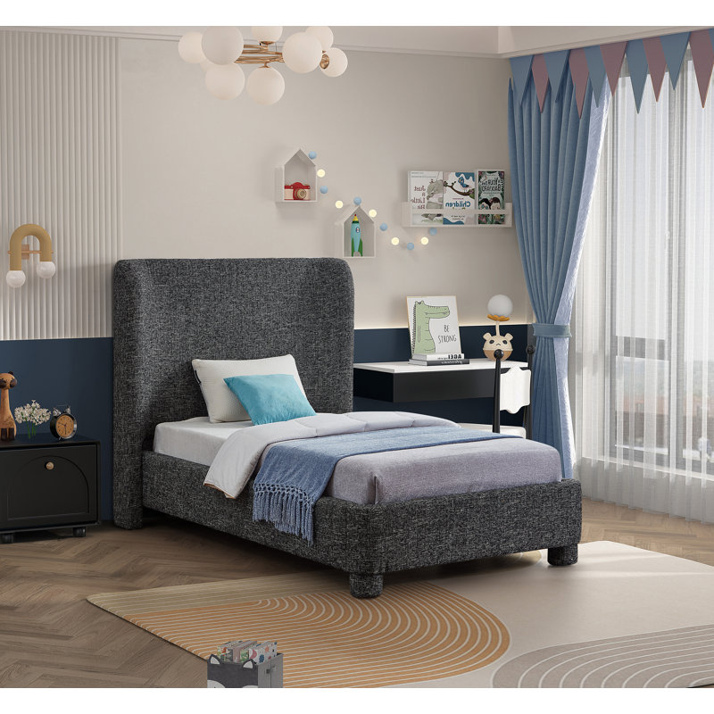 Kiria Upholstered Wingback Bed, Black Linen Textured Fabric, Twin