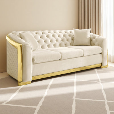 83.9" Velvet Button Tufted Luxury Sofa With Stainless Steel Decoration, Mid Century Modern Chesterfield Couch For Living Room With 2 Pillows
