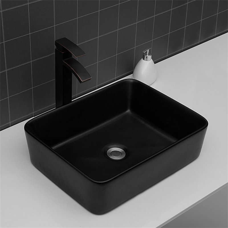 19"X15" Black Ceramic Rectangular Vessel Bathroom Sink, Black
