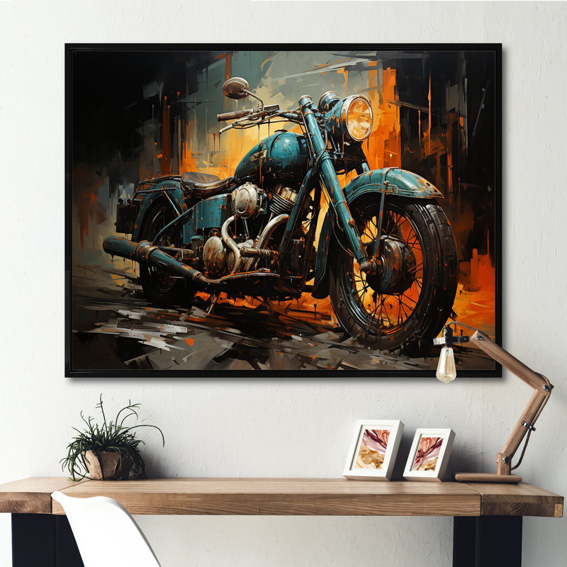 Motocyclette II jaune et noir - art mural moto, Cadre flottant noir, H 16 po x l 32 po x P 1 po