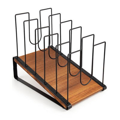 Inclined Desk File Organizer, Extra Wide 5 Slots File Folder Holder, Slanted Visible Tiers, Vertical Desktop Storage for Binders Documents, Rack with Wooden Base, (Rustic Brown)