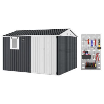 Remise de rangement extérieure en métal galvanisé 10 x 8 pi avec fenêtre escamotable, lumière DEL, panneau perforé, évents, portes verrouillables