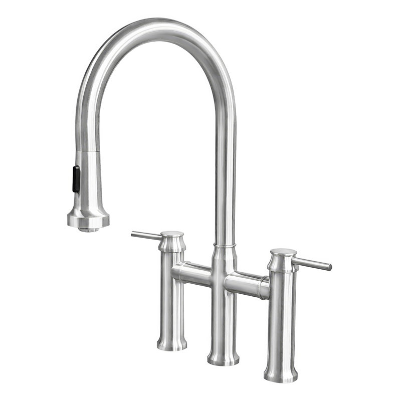 Robinet de cuisine à col de cygne double levier en acier inoxydable avec douchette extractible Whitehaus