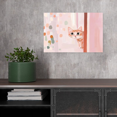 Curious Orange Cat Peek Abstract Playful Whimsical Cat Wall Art Print by Mathieu - Wrapped Canvas Print