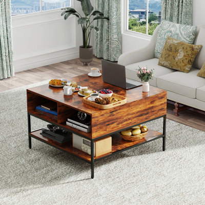 Table basse moderne à plateau rabattable, panneau chauffant, structure en métal, surface teintée, pieds réglables en noyer foncé de 80 degrés, espace caché de 6,7 pouces, trois tablettes, construction