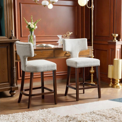 Ensemble de tabourets de bar Farmhouse Linen - Tête de clou en cuivre et structure en bois d'hévéa massif