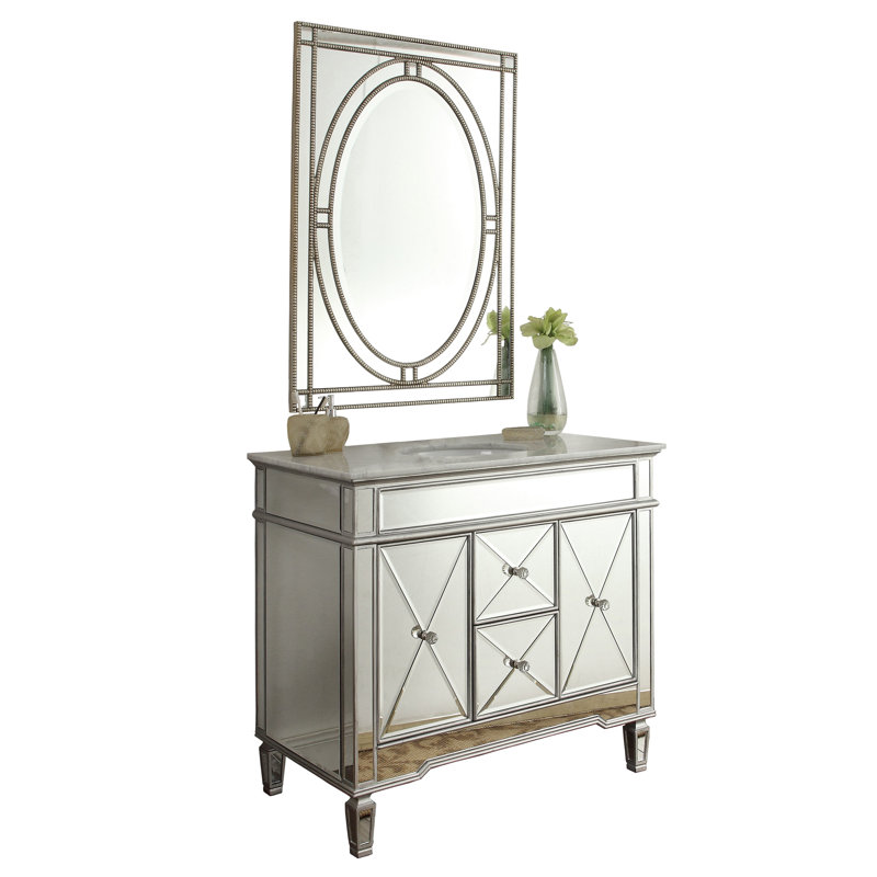 Meuble-lavabo de salle de bain Benton Collection Adelia traditionnel sur pied de 112 cm (44 pouces), avec miroir, lavabo simple, plateau en marbre de Carrare, entièrement assemblé