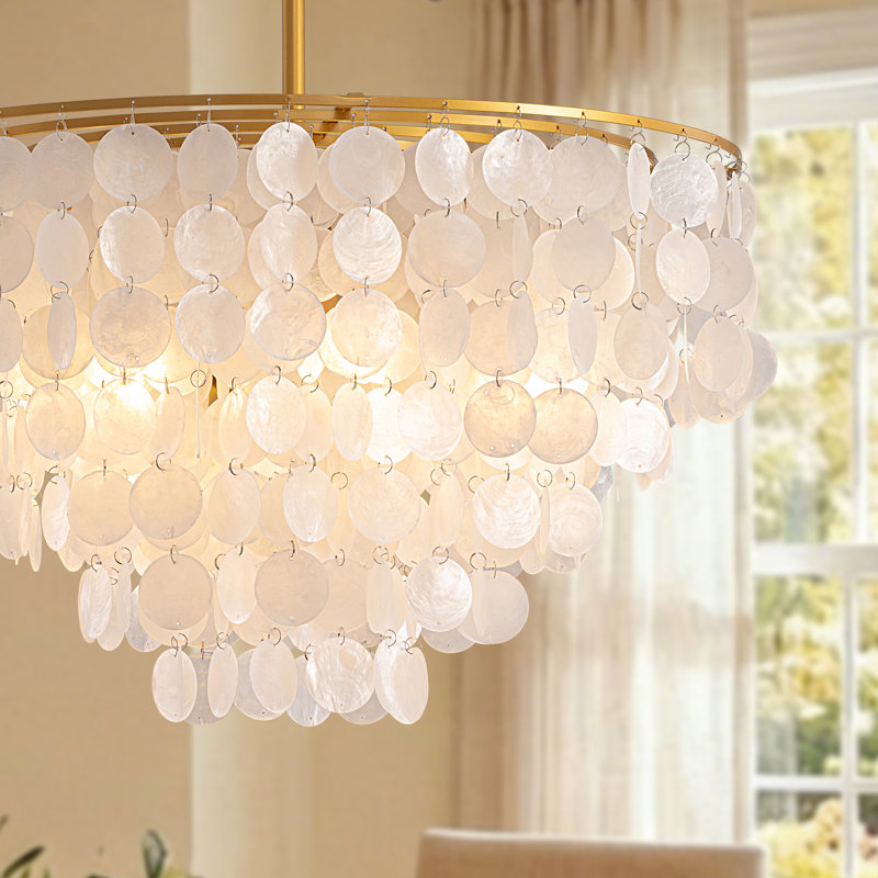 23.6'' Modern Gold Capiz Shell Chandelier 7-Light, Coastal Drum Pendant Light